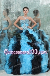 Aqua and Black Sweetheart Beading and Ruffles Quinceanera Dress