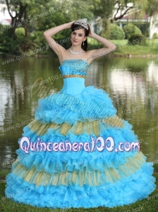 Beaded Decorate Bust Sequins Organza Aqua Blue and Yellow Strapless Floor-length Tiered Sweet Quinceanera Dress For 2014