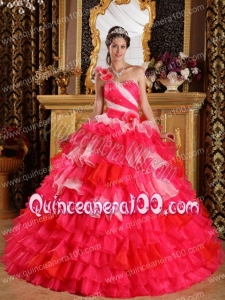 Red Ball Gown One Shoulder Floor-length Organza Ruffles and Beading Quinceanera Dress