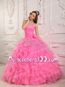 Romantic Ball Gown Sweetheart Floor-length Organza Beading Rose Pink Quinceanera Dress