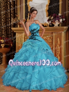 Aqua Blue Ball Gown Sweetheart Floor-length Organza Appliques Quinceanera Dress