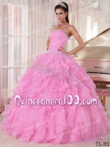 Baby Pink Ball Gown Strapless Floor-length Organza Beading Quinceanera Dress
