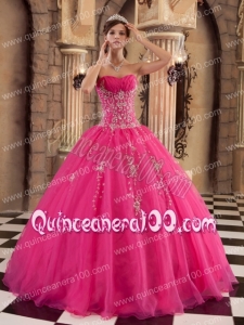 Hot Pink Ball Gown Floor-length Organza Beading Quinceanera Dress