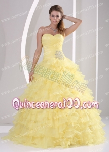 Light Yellow Ruffles Sweetheart Appliques and Ruch Quinceaners Gowns For Military Ball