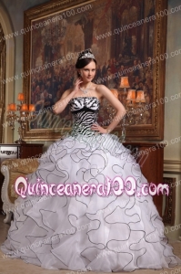 White Ball Gown Strapless Floor-length Ruffles Organza and Zebra Quinceanera Dress