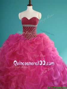 Gorgeous Beaded and Pick Ups Organza Sweet 16 Dress in Fuchsia