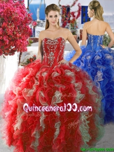 Discount Red and White Sweet 16 Dress with Beading and Ruffles