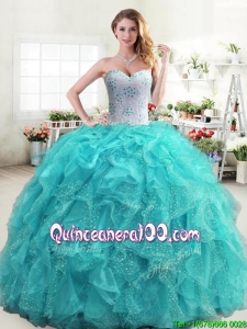 Inexpensive Beaded and Ruffled Turquoise Quinceanera Dress in Organza