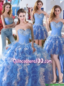 Comfortable Applique and Ruffled Detachable Quinceanera Dresses in Blue and White