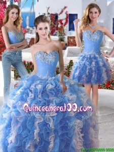 Pretty Blue and White Organza Detachable Sweet 16 Dresses with Appliques and Ruffles