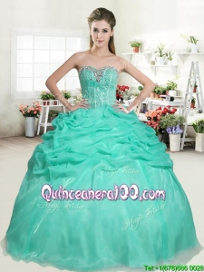 Romantic Apple Green Sweet 16 Dress with Beading and Pick Ups