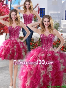 Visible Boning Beaded Bodice and Ruffled Detachable Quinceanera Dresses in Hot Pink and Champagne