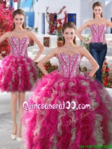 Gorgeous Hot Pink and White Detachable Quinceanera Dresses with Beading and Ruffles