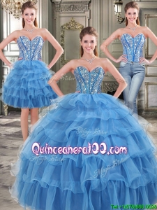 Popular Big Puffy Blue Detachable Tulle Quinceanera Dresses with Beading and Ruffled Layers
