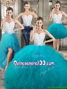 Affordable Beaded and Ruffled Detachable Quinceanera Dresses in Teal and White
