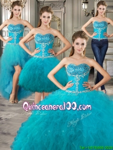 Exclusive Big Puffy Teal Detachable Quinceanera Dresses with Beading and Ruffles