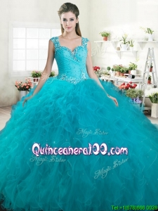 Gorgeous Straps Beaded and Ruffled Quinceanera Dress in Turquoise