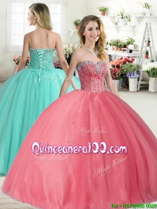Affordable Beaded Big Puffy Quinceanera Dress in Coral Red