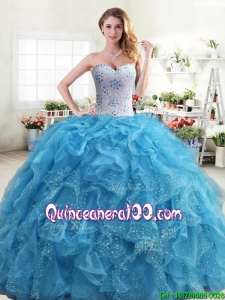 Exquisite Beaded and Ruffled Quinceanera Dress in Aqua Blue