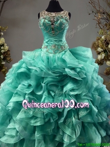See Through Scoop Turquoise Sweet 16 Dress with Beading and Ruffles