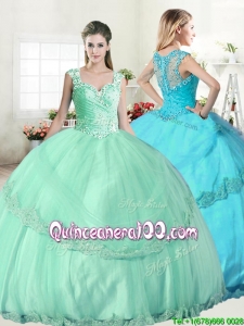 Wonderful Straps Apple Green Quinceanera Dress with Beading and Appliques