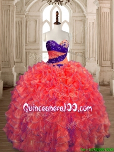 Exquisite Big Puffy Beaded and Ruffled Quinceanera Dress in Orange Red