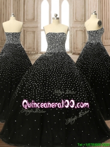 Latest Strapless Beading Black Quinceanera Dress with Brush Train
