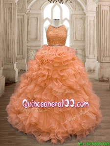 See Through Scoop Beaded and Ruffles Quinceanera Dress in Orange