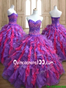 Custom Made Applique and Ruffled Quinceanera Dress in Purple and Hot Pink