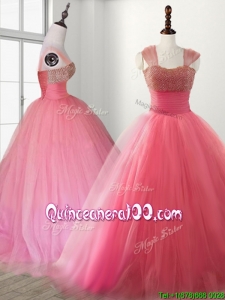 Custom Made Cheap Straps Beading Brush Train Quinceanera Dress in Watermelon Red
