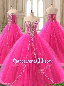 Custom Made Elegant Beaded Hot Pink Sweet 16 Gown with Brush Train