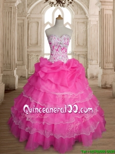 Custom Made Inexpensive Hot Pink Organza Quinceanera Dress with Ruffled Layers and Beading