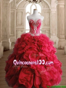Custom Made Luxurious Red Big Puffy Sweet 16 Dress with Beading and Ruffles