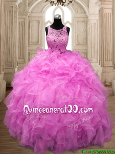 Custom Made See Through Scoop Hot Pink Sweet 16 Dress with Beading and Ruffles