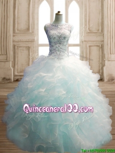 Custom Made See Through Scoop Light Blue Quinceanera Dress with Beading and Ruffles