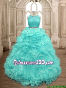 Custom Made Sweet Two Piece Scoop Mint Quinceanera Dress with Beading and Ruffles