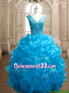Custom Made Wonderful Deep V Neckline Beading and Ruffles Sweet 16 Dress in Organza