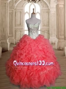 Custom Made Beautiful Beaded Bodice and Ruffled Quinceanera Dress in Watermelon Red