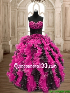 Custom Made Modest Hot Pink and Black Quinceanera Dress with Beading and Ruffles