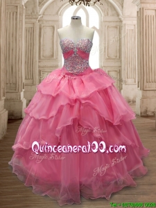 Custom Made Unique Watermelon Red Organza Quinceanera Dress with Beading and Ruffled Layers
