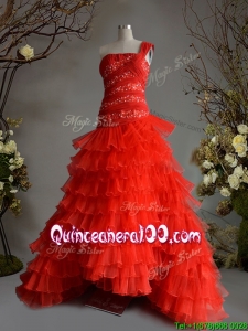 Fashionable One Shoulder A Line Red Quinceanera Dress with Beading and Ruffled Layers