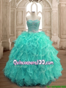 Gorgeous Beaded and Ruffled Big Puffy Sweet 16 Dress in Turquoise