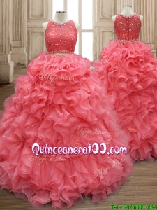 Two Piece Scoop Watermelon Red Quinceanera Dress with Beading and Ruffles