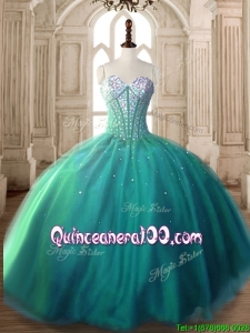Visible Boning Beaded Bodice Tulle Quinceanera Dress in Turquoise