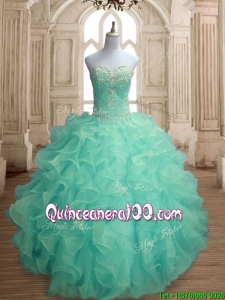 Inexpensive Beaded and Ruffled Big Puffy Quinceanera Dress in Apple Green