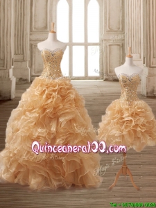 Latest Gold Detachable Quinceanera Dress with Beading and Ruffles