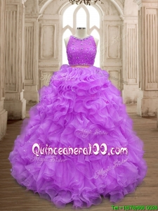 Wonderful Beaded and Ruffled Scoop Sweet 16 Dress in Lilac