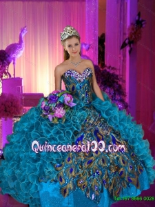 Decent Beaded and Ruffles Sweetheart Peacock Quinceanera Dresses for 2015 Summer