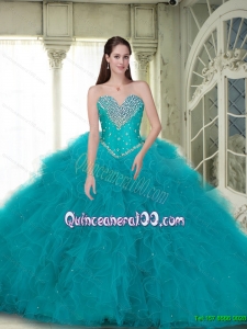 Elegant 2015 Summer Ball Gown Quinceanera Dresses with Beading and Ruffles in Turquoise