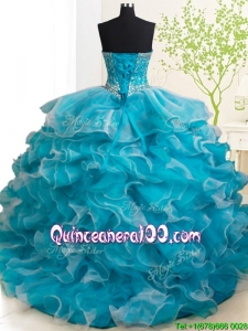 Best Selling Ruffled and Beaded Teal and White Detachable Quinceanera Dresses with Brush Train